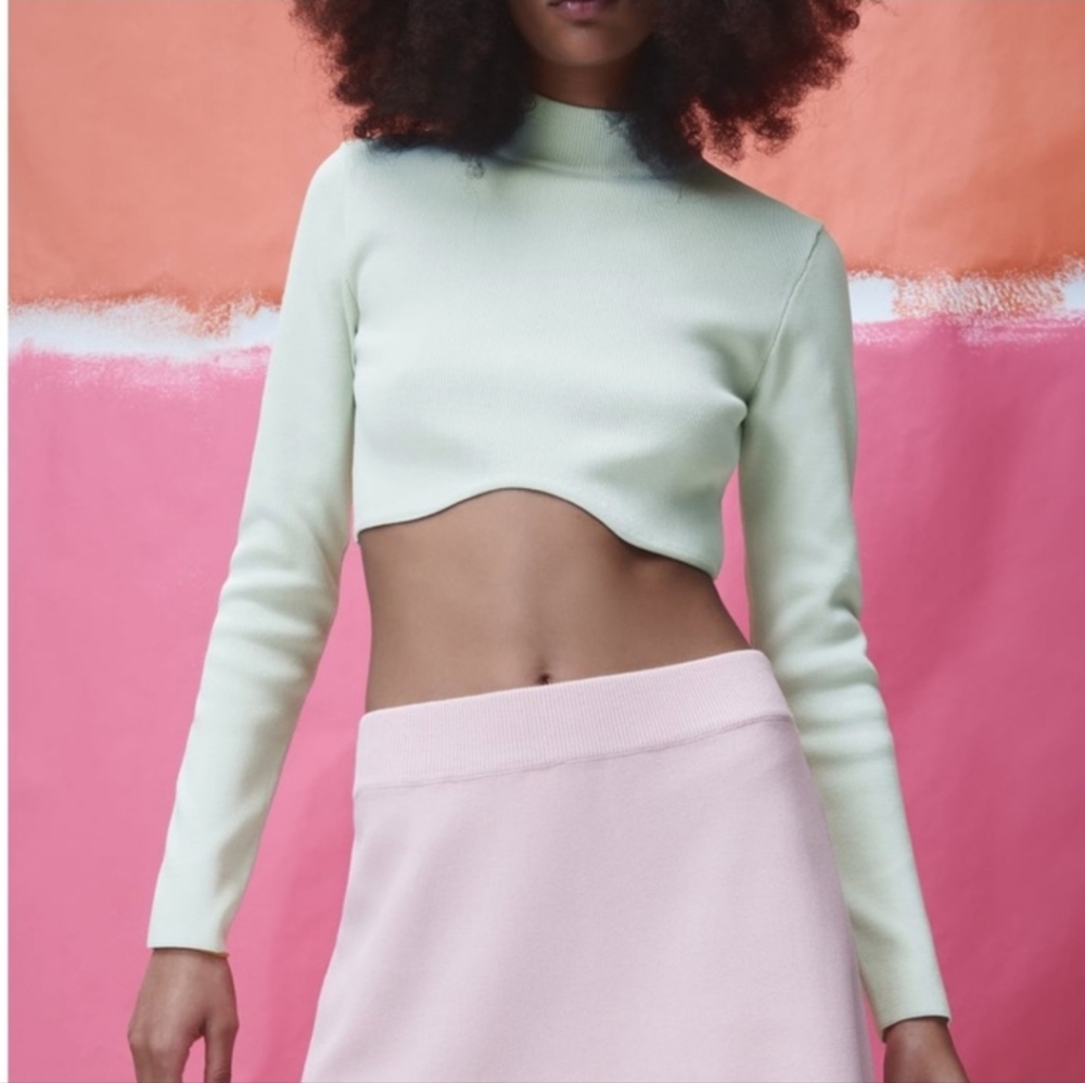 NWT Zara Scalloped Edge Light Green Mint long sleeve knit cropped Knit Sweater M - Picture 5 of 15
